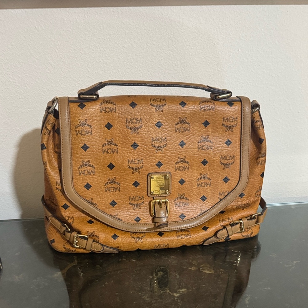 MCM Visetos Cognac Messenger Bag Shoulder Leather Purse Authentic Pre-loved